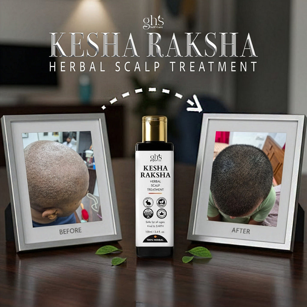 Kesha Raksha herbal scalp treatment with 'before' and 'after' hair photos on a wooden surface.